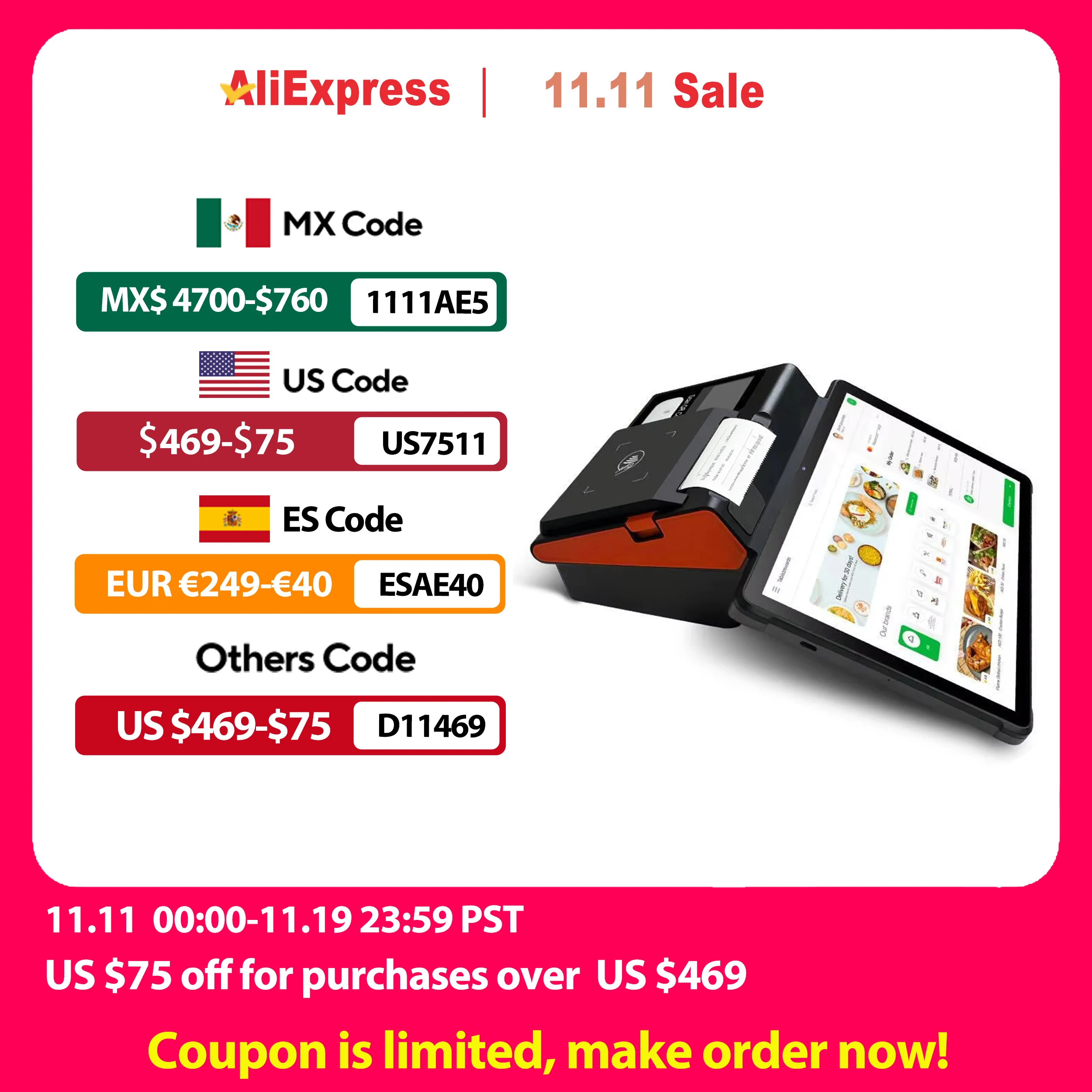 

Desktop 11 inch Android 12/13 POS Terminal, 80mm Thermal Printer, 3G+16G/4G+64G Loyverse Large Screen POS, 2D Scanner 4G WIFI BT