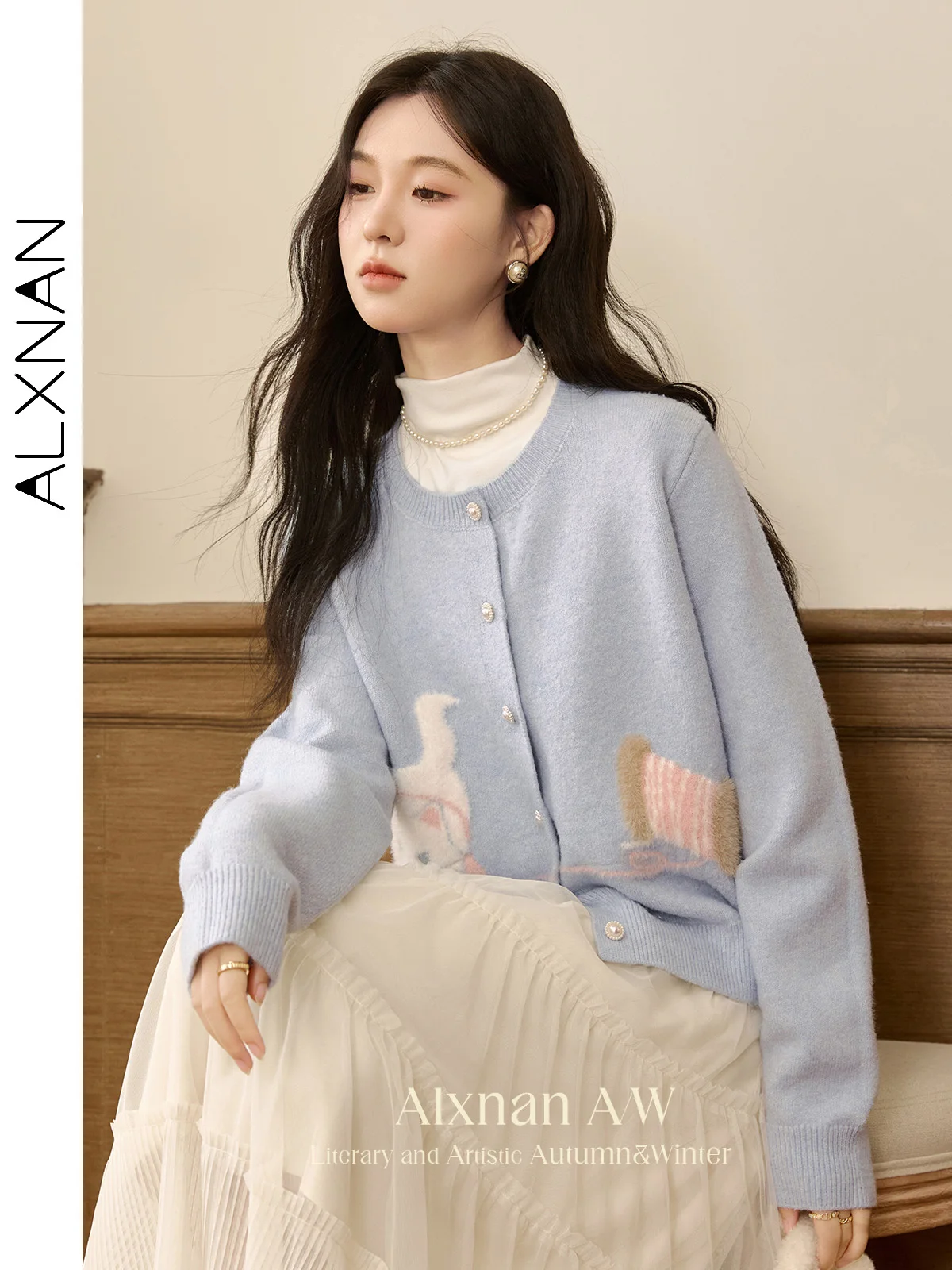 ALXNAN Languid Sweet Cardigans for Women Fall Winter O-neck Pearl Buttons Jacquard Animal Print Sweaters Sold Separately L50910