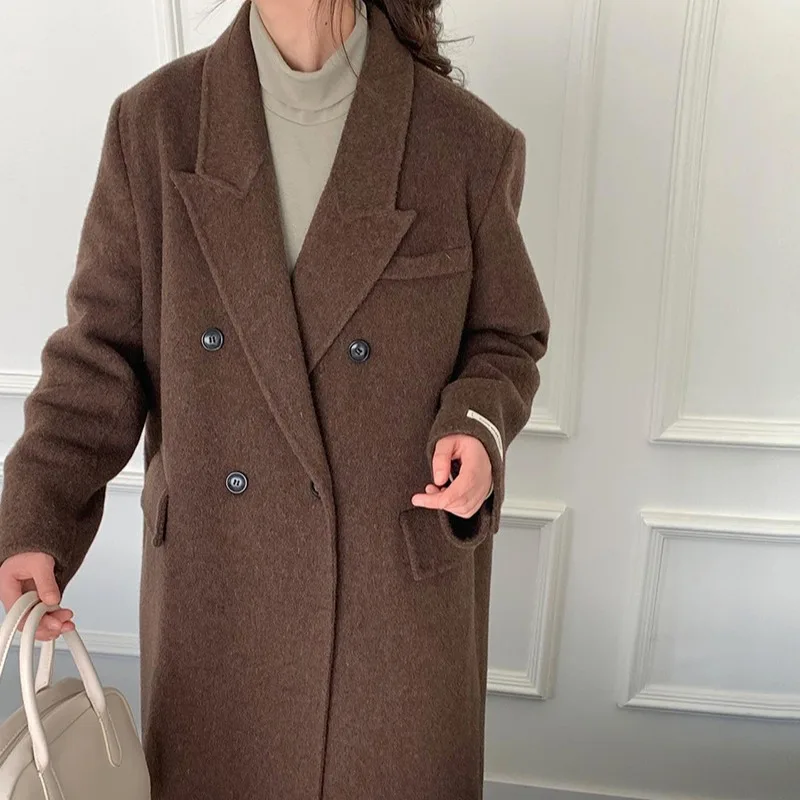 Double-breasted flap Korean extended suit collar double-sided wool coat temperament 2024 autumn and winter woolen coat women