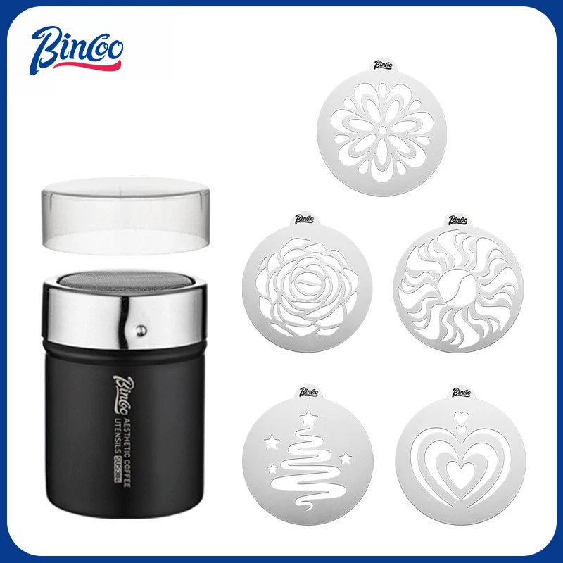 

BINCOO Stainless Steel Latte Art Template, Shaker Sifter Dispenser Duster Container, Tool Fancy Pattern Maker DIY Espresso Mold
