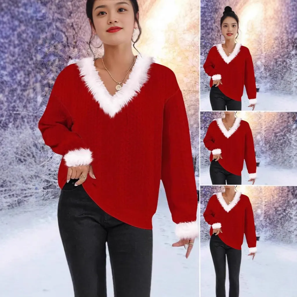 

Women's V-neck Long Sleeve Sweater Loose Fit Solid Color Christmas Theme Top Autumn Winter Independent Station