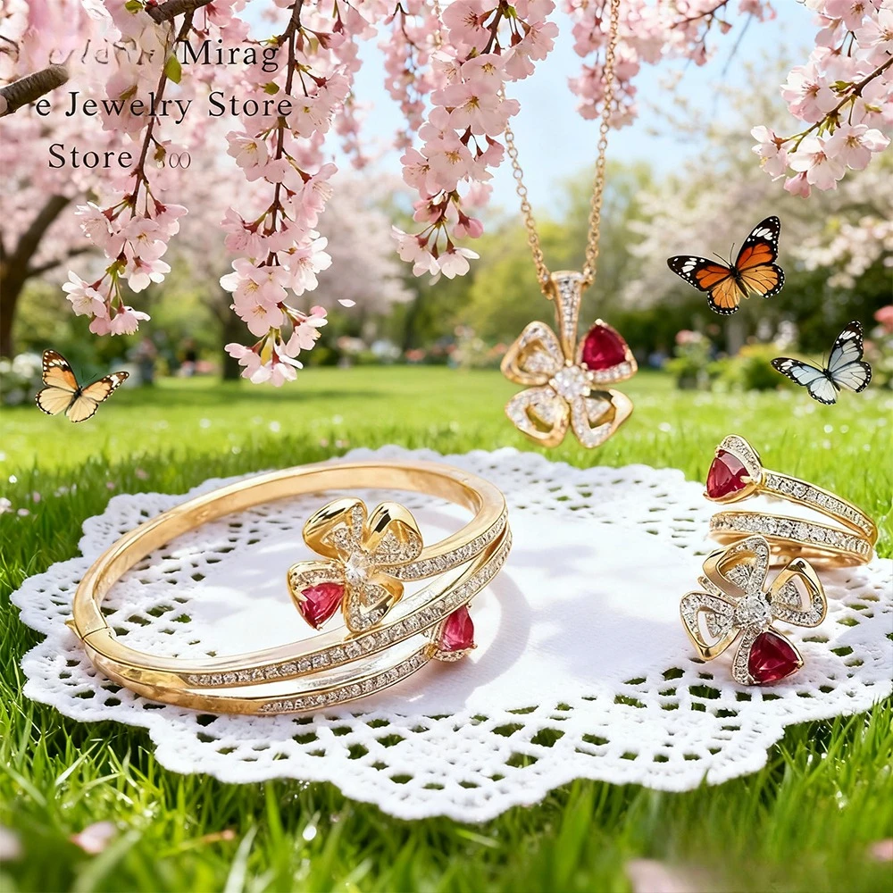 

Новинка 2025, элегантные аксессуары. Роскошный комплект колец, браслета и ожерелья розового цвета, роскошный и элегантный, уникальный ваши.