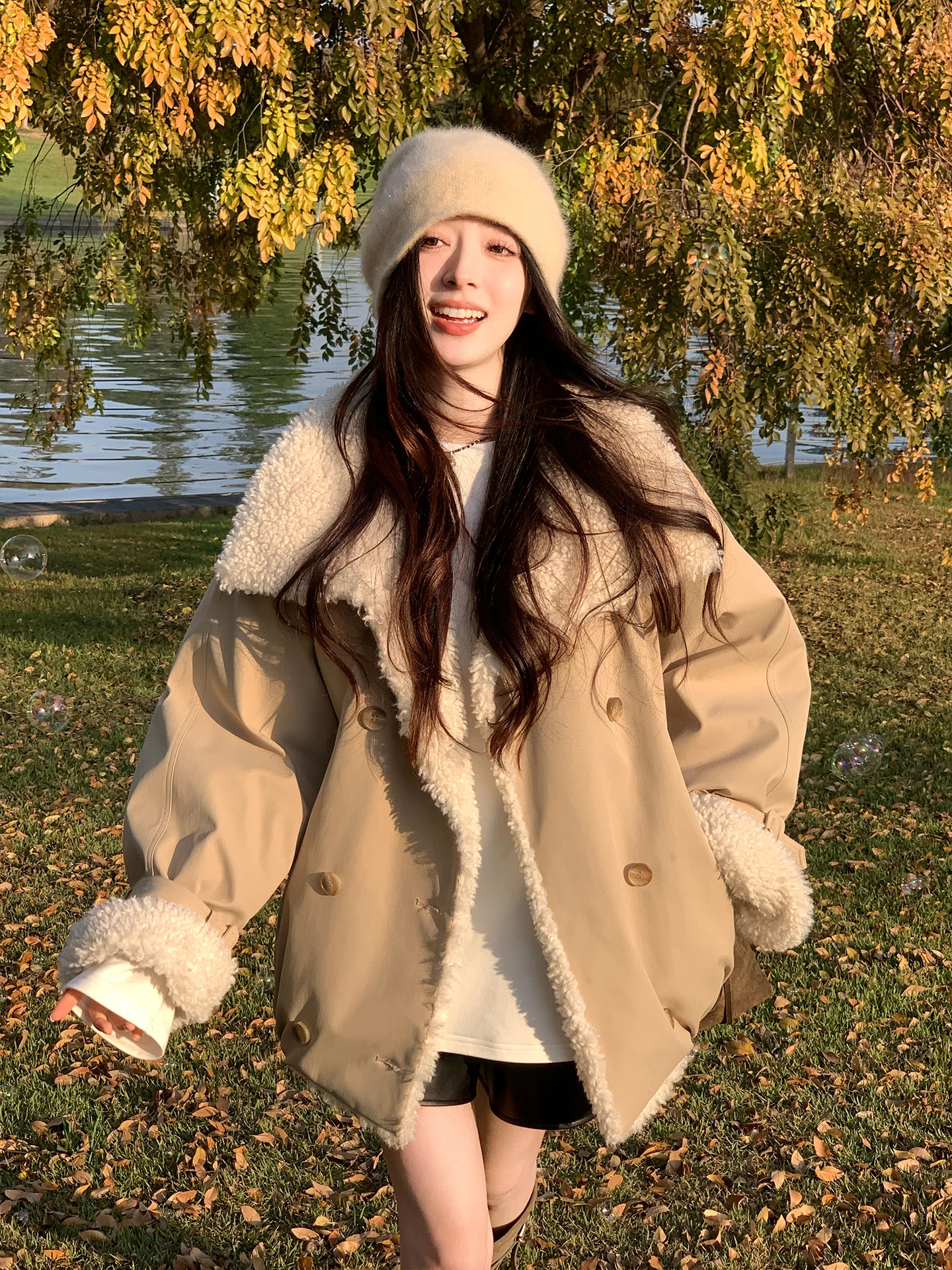 

Aboutpoem Women's Parka Jaet Lamb Velvet Simulation Loose oulder Drop Large Collar Cotton Workwear Outerwear Coat