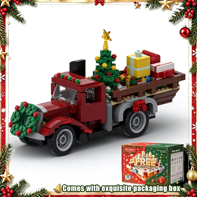 661 PCS Christmas Vintage Truck Model Creative Building Blocks DIY Assembly Toy Home Tabletop Festival Decoration Display Gifts