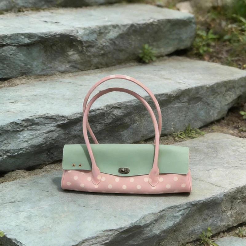Strawberry Polka Dot Hobo Shoulder Bag,Women Sweet Cute Colorblock Long Stick Double Handle Handbag,Casual Commute Work Purse view 6