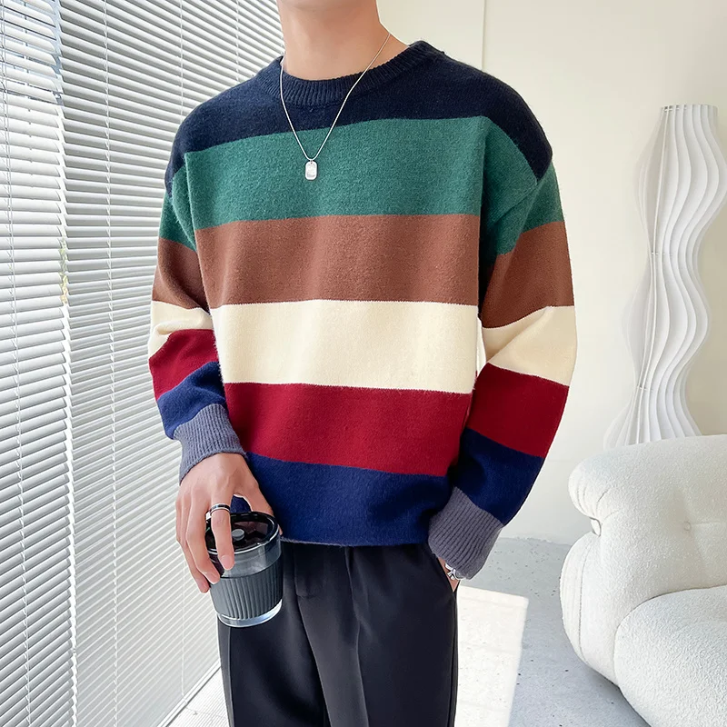 2023 Autumn Rainbow Striped Knitted Sweater for Men Loose Hip Hop Crewneck Knitwear Pull Homme Casual Christmas Jumpers Clothes