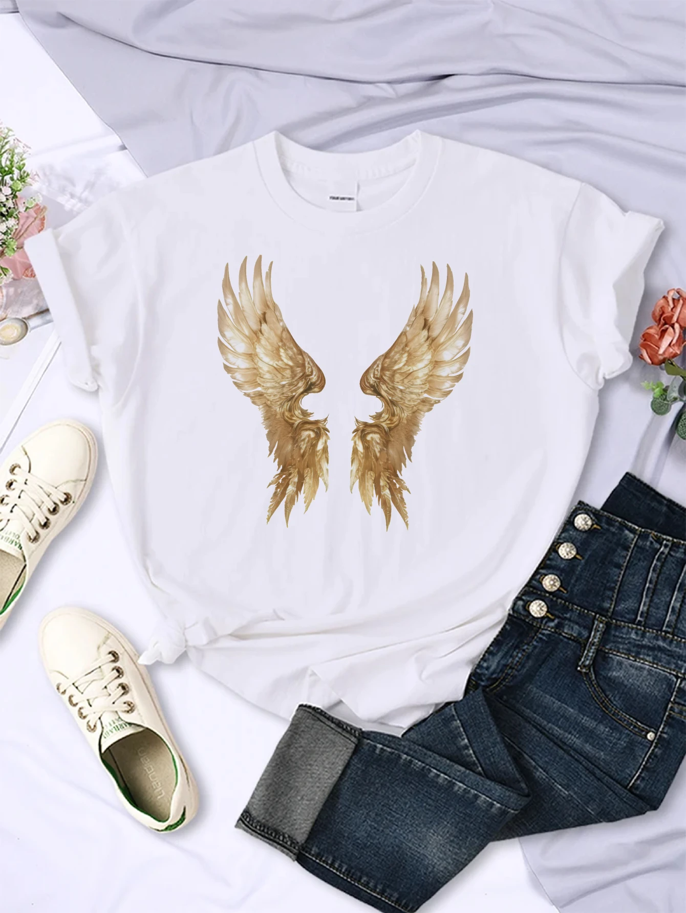 Aquarelle or ailes d'ange Clipart confortable coupe ample col rond T-shirt noël imprimé meilleure vente Style unisexe