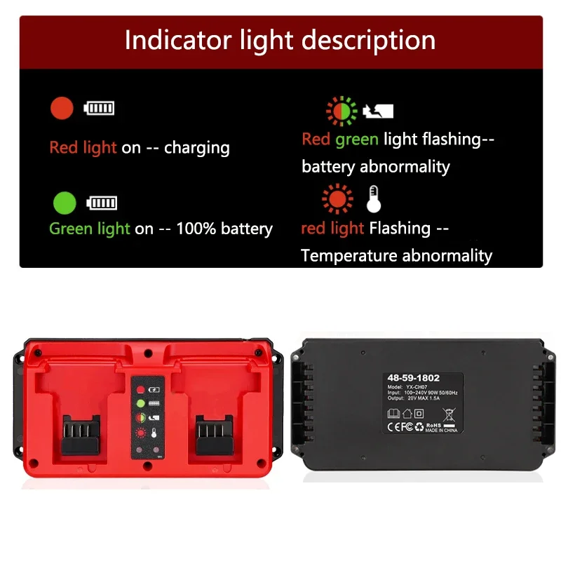 Cargador de batería rápido de repuesto para batería de iones de litio Milwaukee de 18V, puerto dual AC100V ~ 240V enchufe UE EE. UU. Reino Unido AU