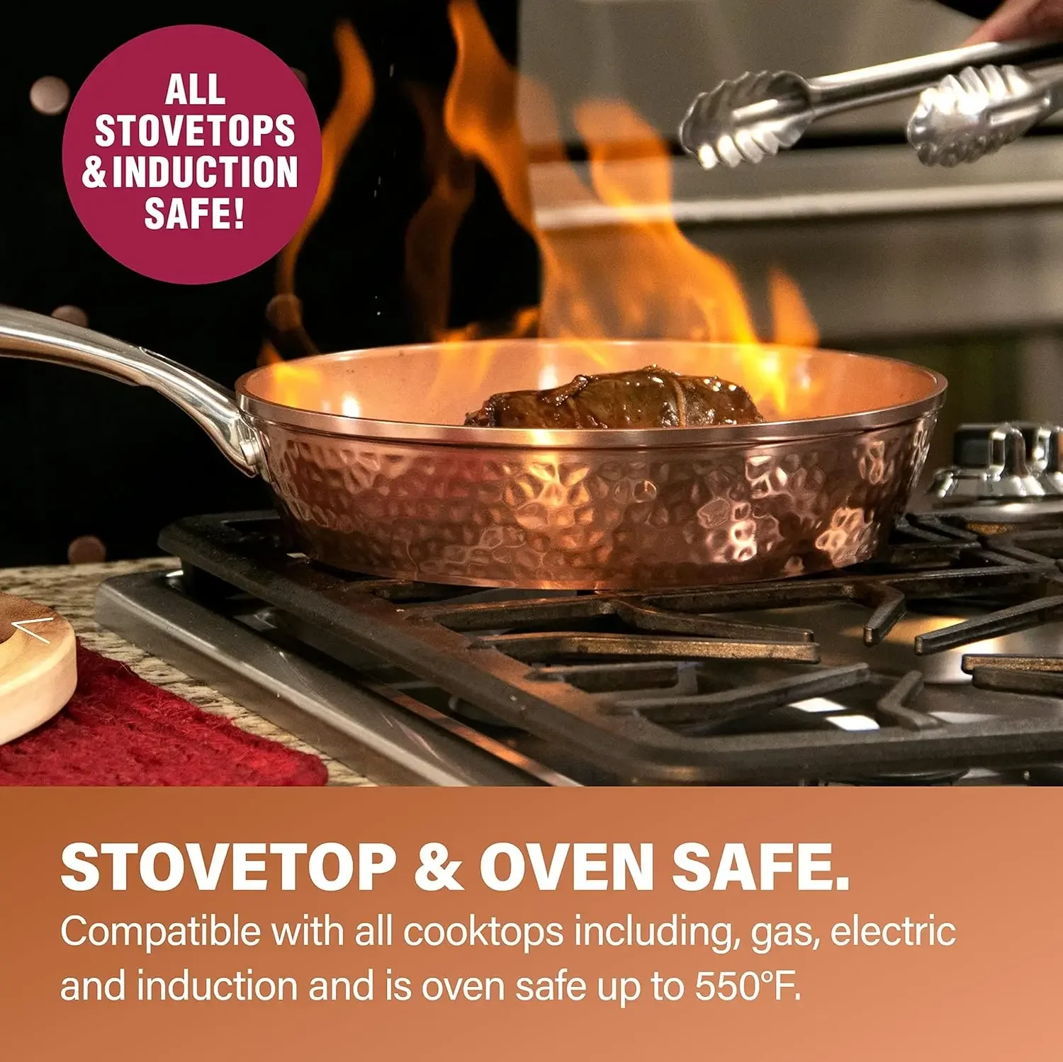 Steel Hammered Copper Collection – 20 Piece Premium Pots and Pans Set Nonstick Ceramic Cookware + Bakeware Set for Kitchen