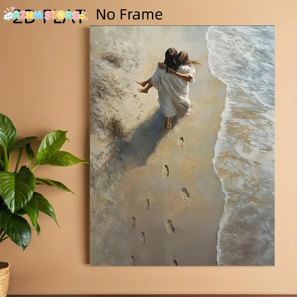 2027 1pc    Frameless Canvas - Woman in Arms Walking on The Beach, Leaving Footprints, Christian Religious Painting Poster, S