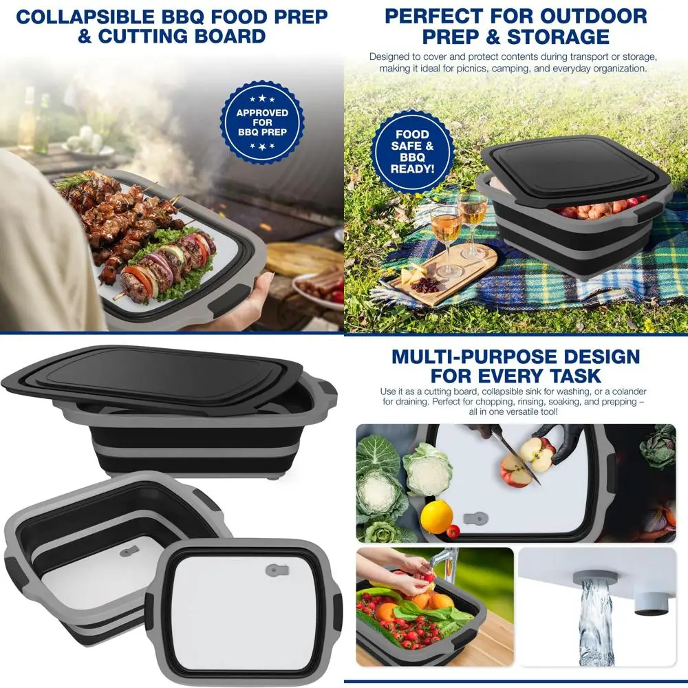 

XL Collapsible BBQ Prep Tub with Cutting Board, Lid & Strainer - Ideal for Marinating, Draining, and Outdoor Cooking (Black)