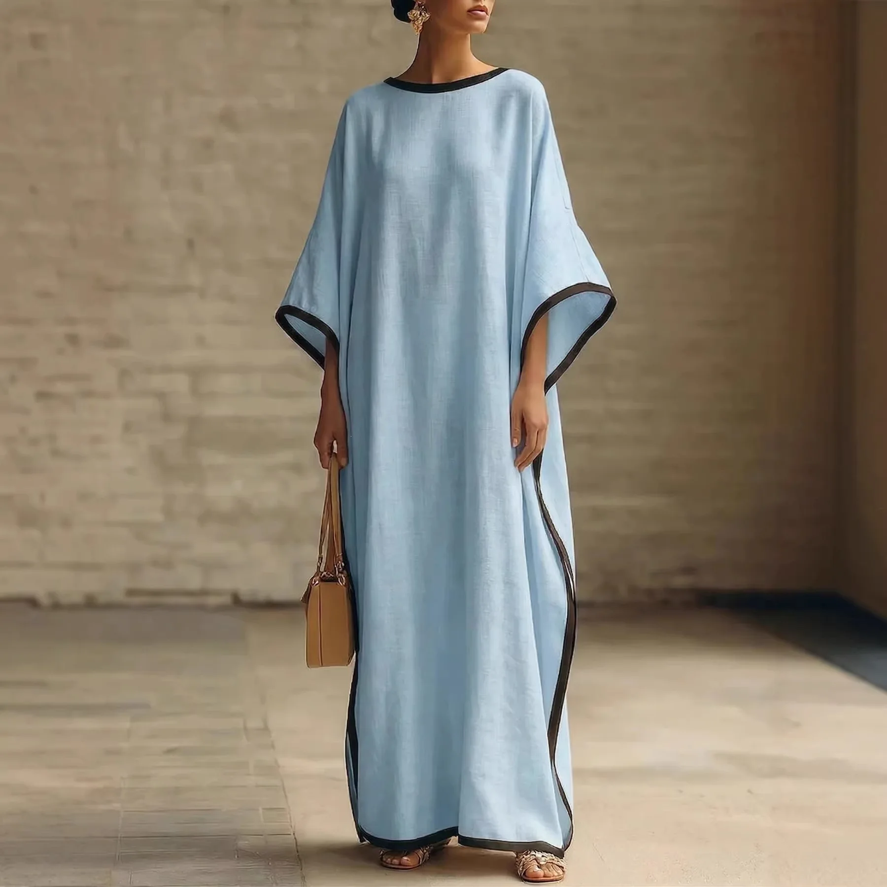 Fledermausärmel-Maxikleid 2026 – Neues Damen-Freizeitkleid in Unifarbe mit Rundhals und Dreiviertelärmeln