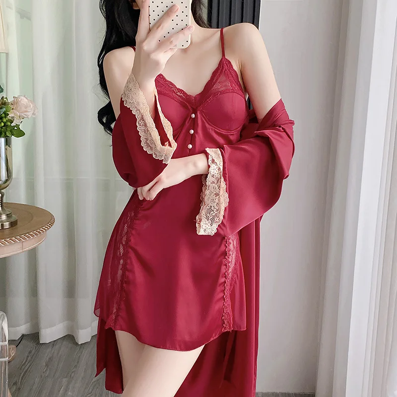 Tweedelige set satijnen zijden pyjama's voor dames effen kleur kanten rand sexy gewaden jarretel nachtkleding jurk