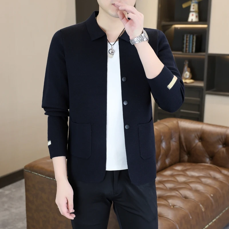 

Мужской вязаный кардиган-пальто с отложным воротником, модный, весенне-осенний, легкий, удобный, из смесового полиэстера