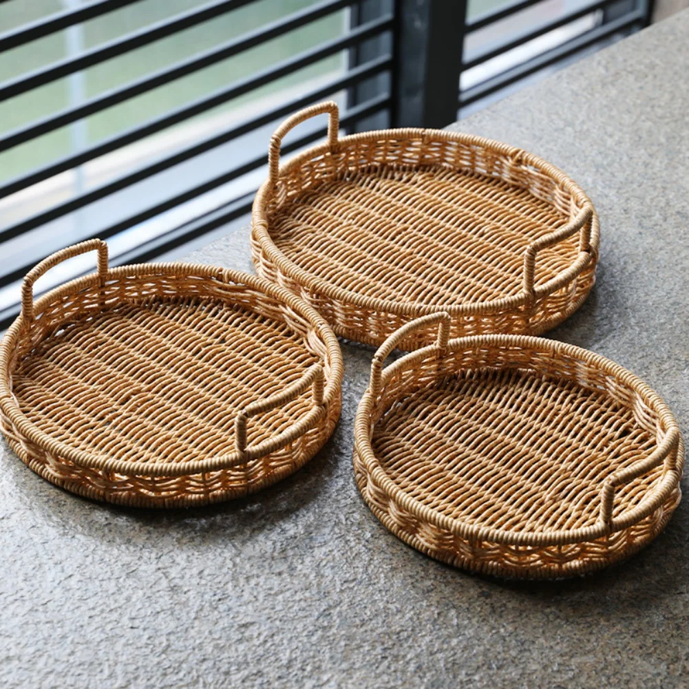 

Rattan Tray Round Woven Basket For Serving Bread Portable Serving Tray With Handles Handwoven Rattan Round Shape For Restaurants