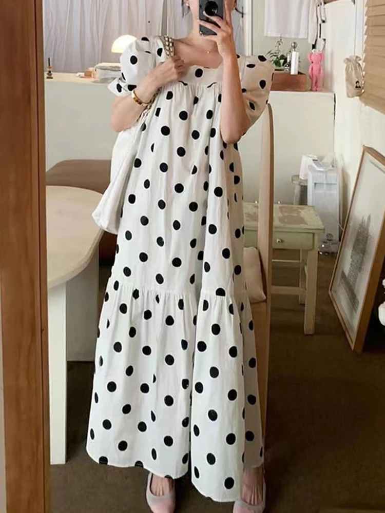 

Korean Chic Square Neck Contrasting Polka Dot Design Loose Casual Bubble Sleeve Dress For Women 2024 Spring Summer