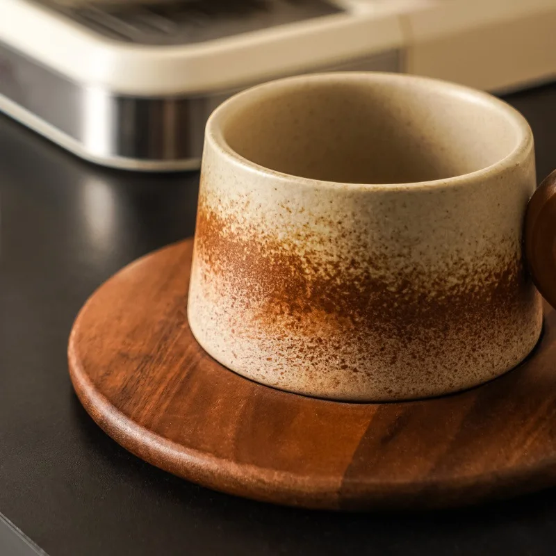 Creative Rustic Ceramic Coffee Cup with Wooden Saucer Artistic Natural Wood Ceramic Tea Cup Office Drink Mug Couple's Water Mug