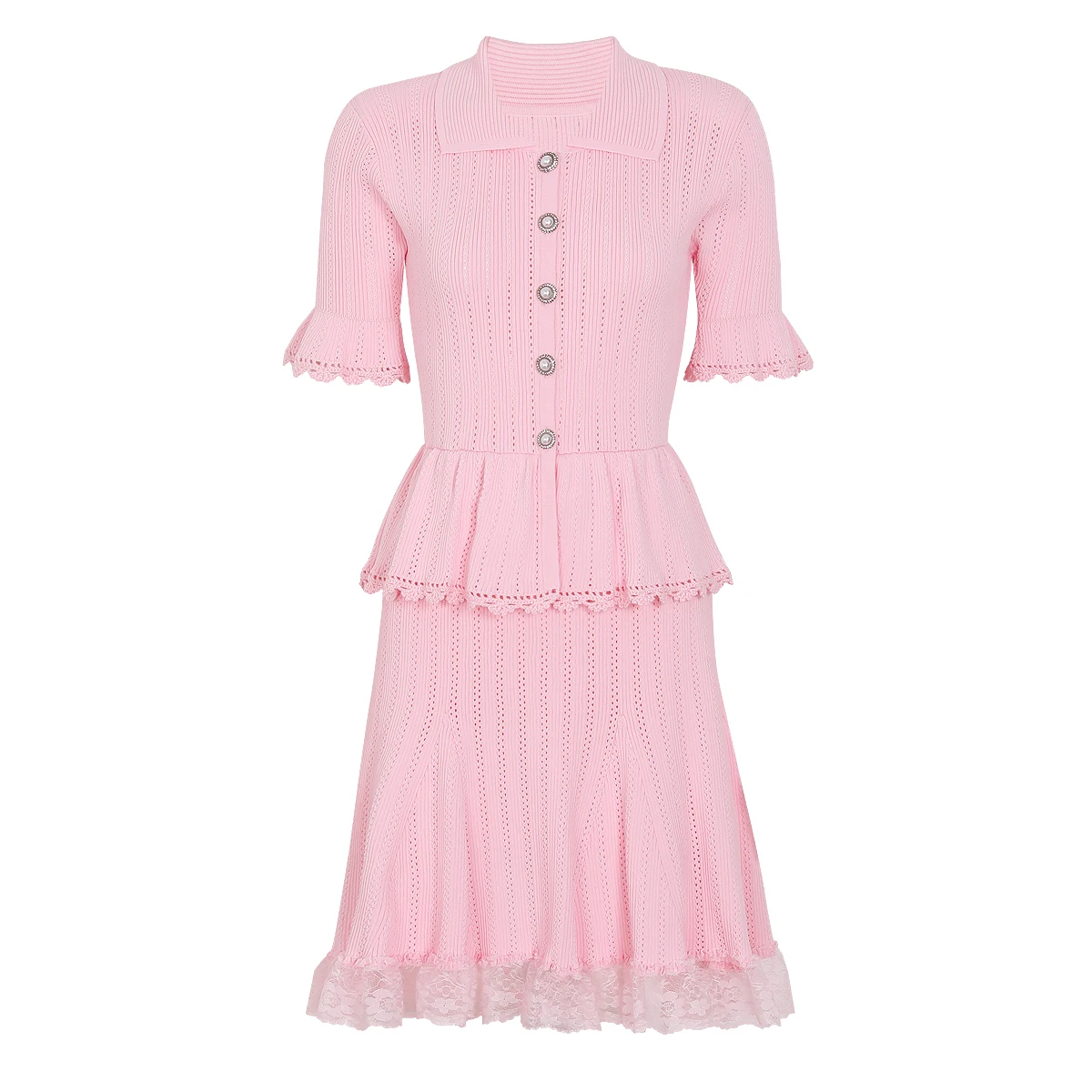 

2676 High Quality Summer New Item, Socialite Slim Fit Women's Fashionable Pearl Button Short Sleeved Lapel Lace Dress