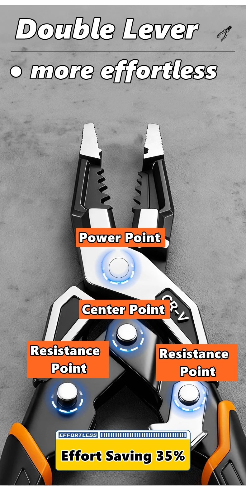 Universelle Multifunktionszange, Doppelhebel-Seitenschneider / Spitzzange, Drahtschneider, müheloser Elektriker-Abisolierer und Crimpzange – Detail 2