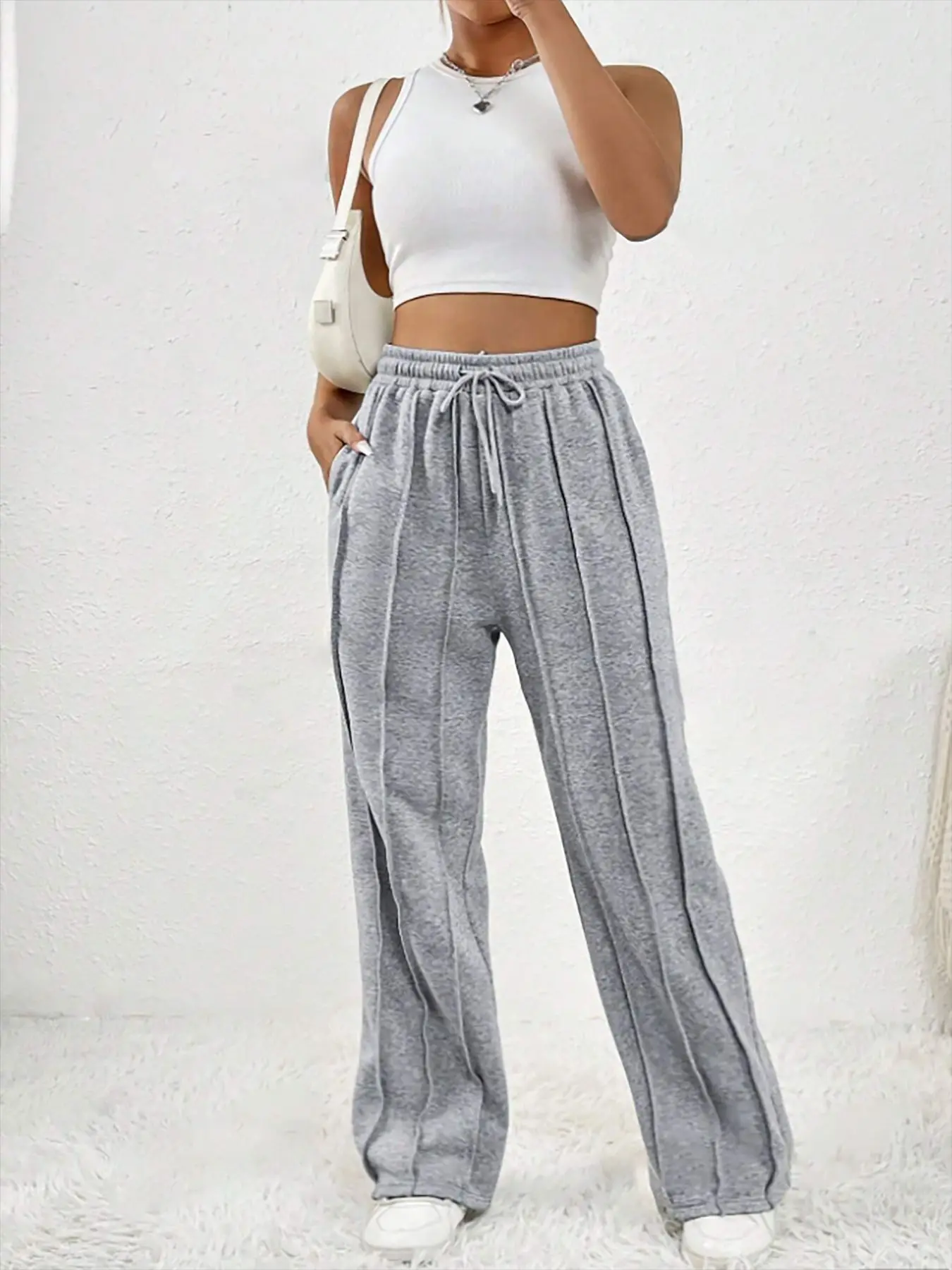 

European and American women's casual fashion sweatpants with drawstring, vertical stripes, straight leg sports pants for women