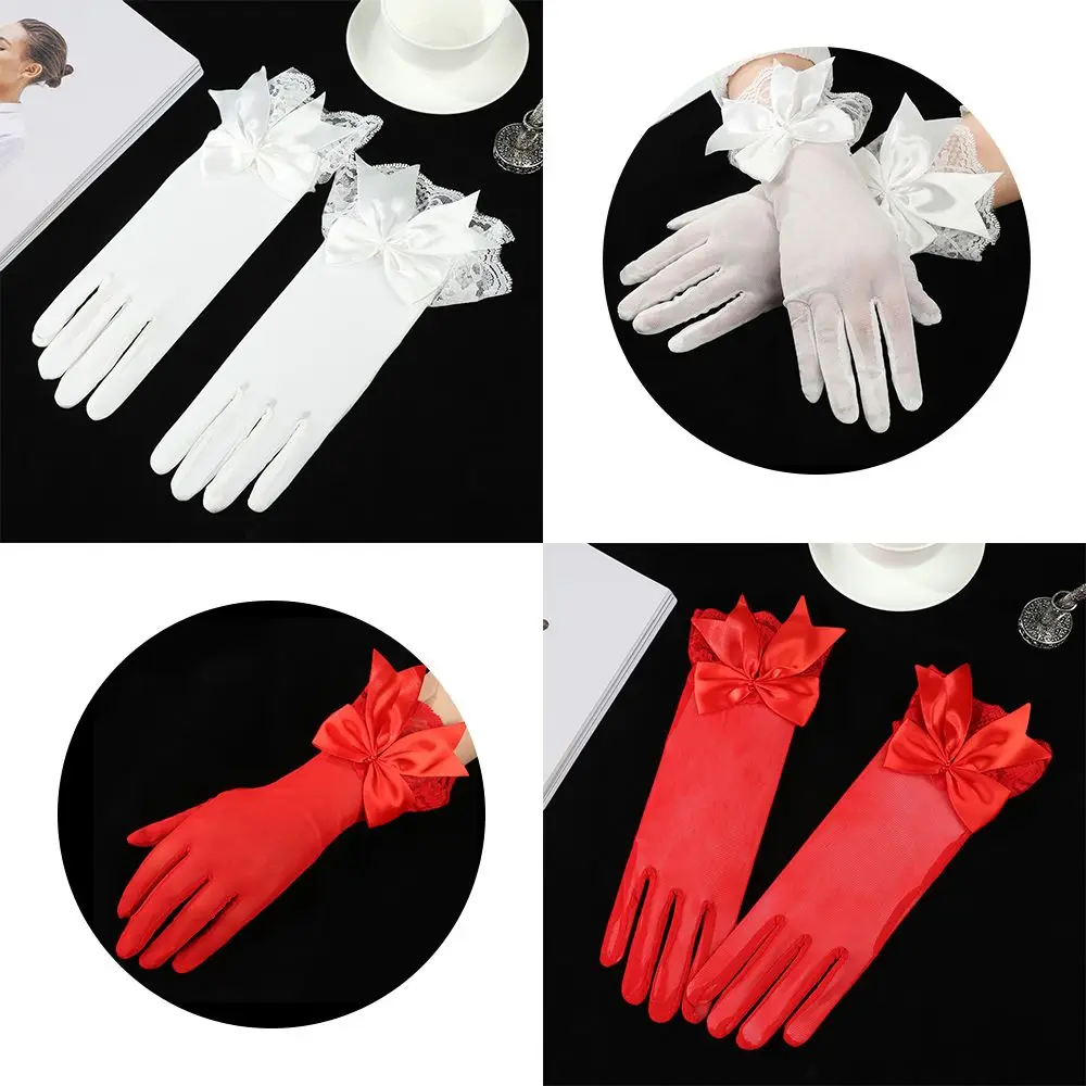 

Marriage Party Chiffon White Driving Gloves Lace Gloves Bride Mittens Bow