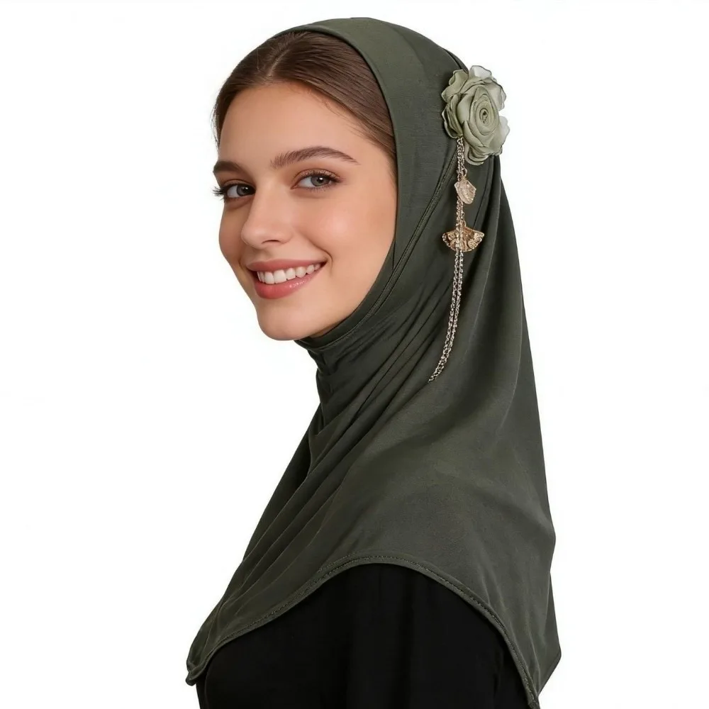 Exquisito Hiyab con Borde Redondo y Borlas de Flores 3D, Color Sólido, Alta Elasticidad, Pañuelo Ligero y Elástico para la Cabeza, Tradicional