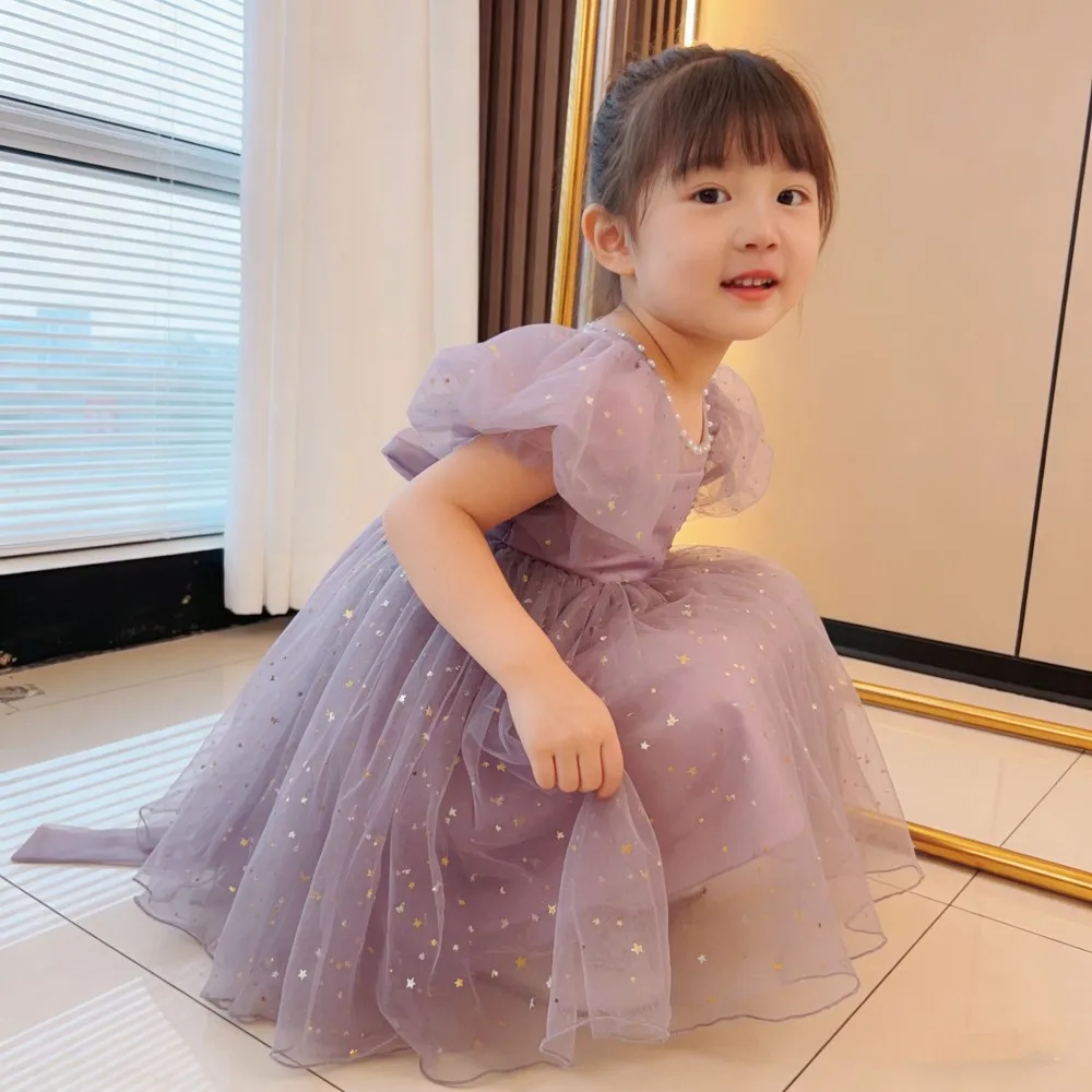 

2026 Summer New Style Puffed Sleeves Sparkling Dress, Children's Sweet Mesh Puffed Skirt, Elegant Formal Dress
