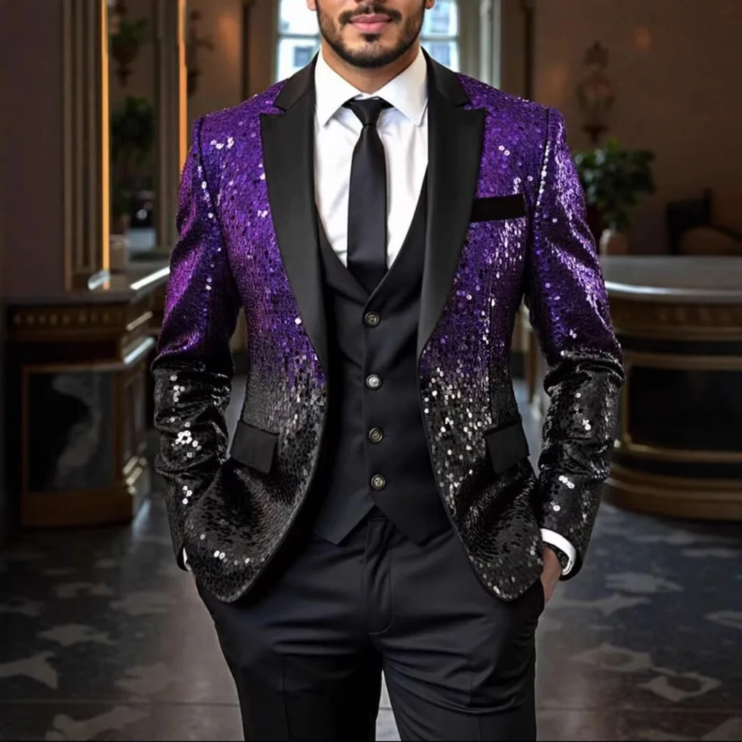 New Men Green Gold Gradient Sequin Blazer Nightclub Bar Host Emcee Photo Studio Formal Suit Fashion Party Wear Evening Dress