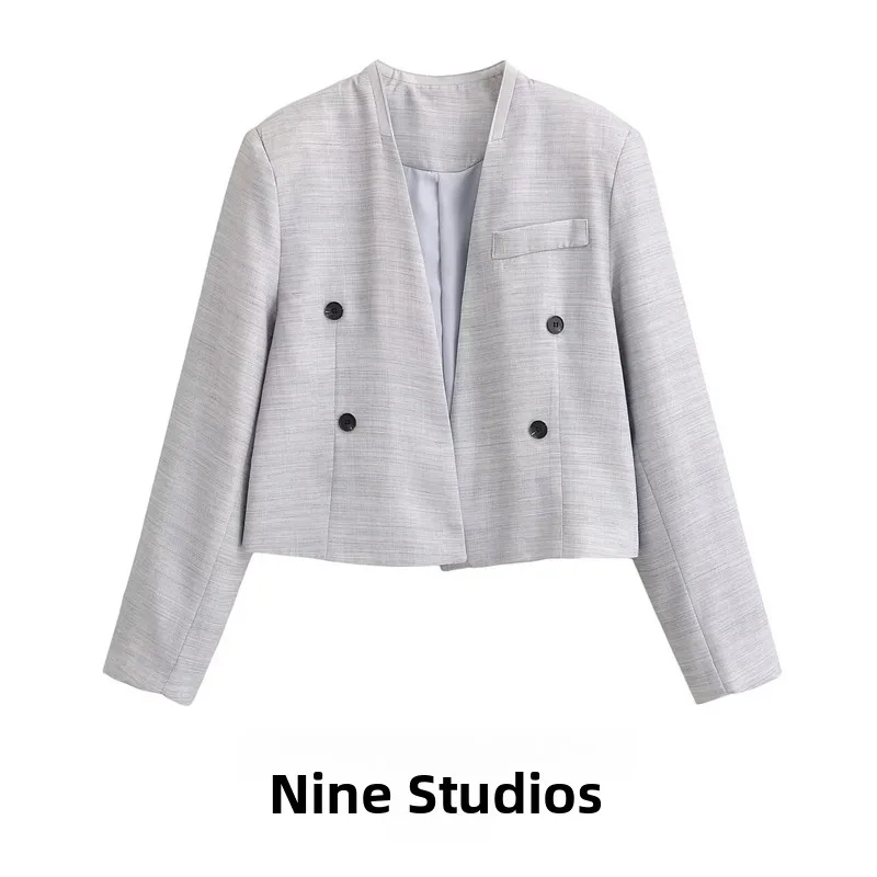 

NINE ZAR Women's Short Length Long Sleeve V-Neck Button Decorated Suit Jacket Polyester Fabric Double Button Closure
