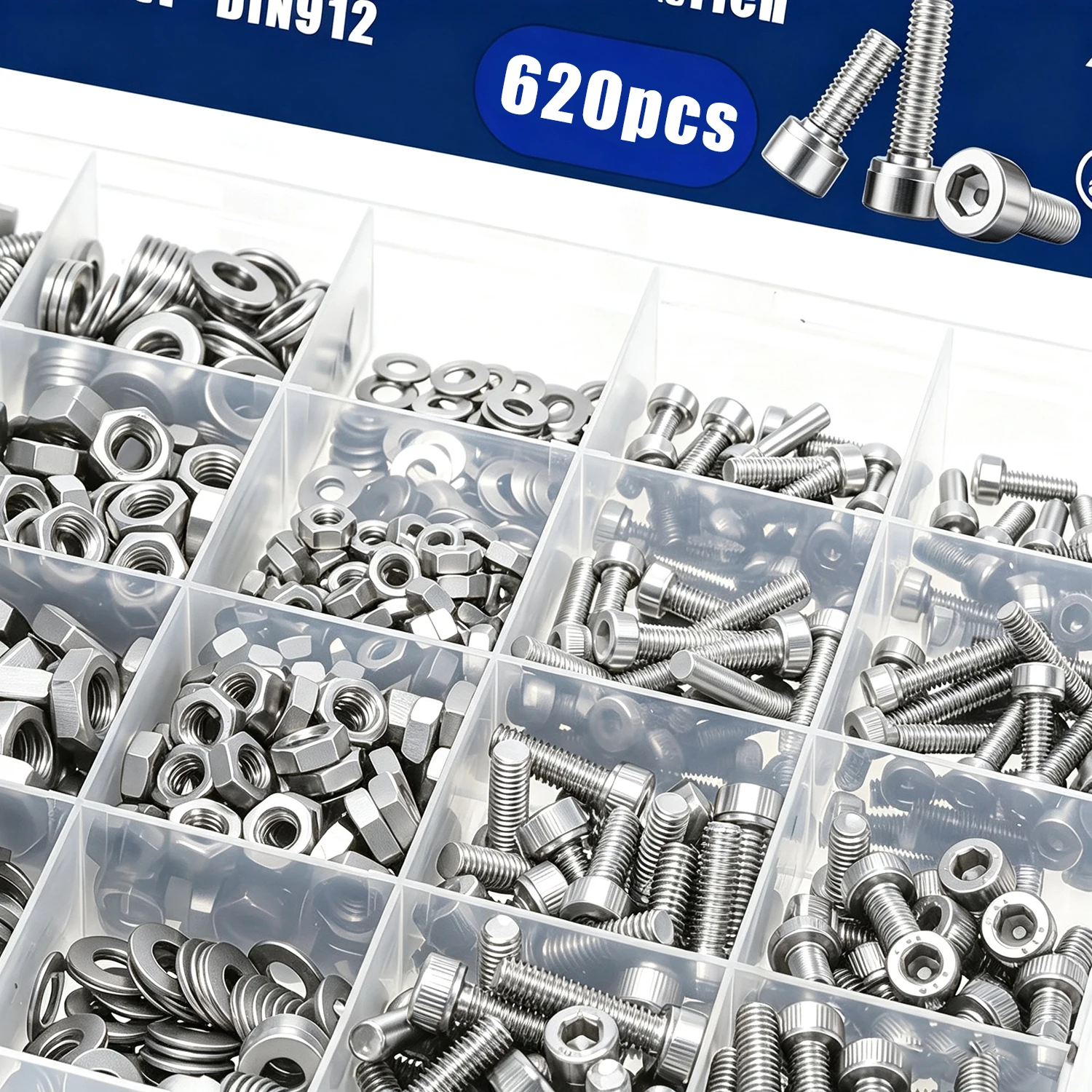 620Pcs Stainless Steel Cup Head Bolt & Nut Kit M3‑M6, Flat Washers Included, Allen Hex Hardware Set for Machinery Assembly