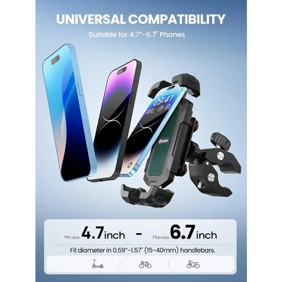 Motorcycle Phone Holder Mount with Dual Vibration Dampener for Secure Riding ToolFree Handlebar Clip Design Compatible w