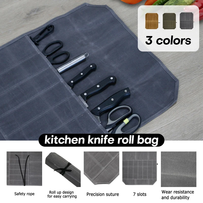 7 Slot Waterproof Canvas Chef Knife Bag Roll Carry Case Kitchen Cooking Portable Durable Storage Pockets Outdoor Tools Carry Bag