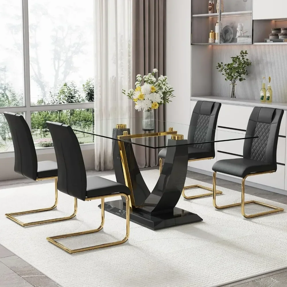 

v Dining Room Sets, 63" Glass Table Set for 4, Top Thick 0.39",5 Piece with 4 Pcs Leather Dining Chairs, Dining Room Sets