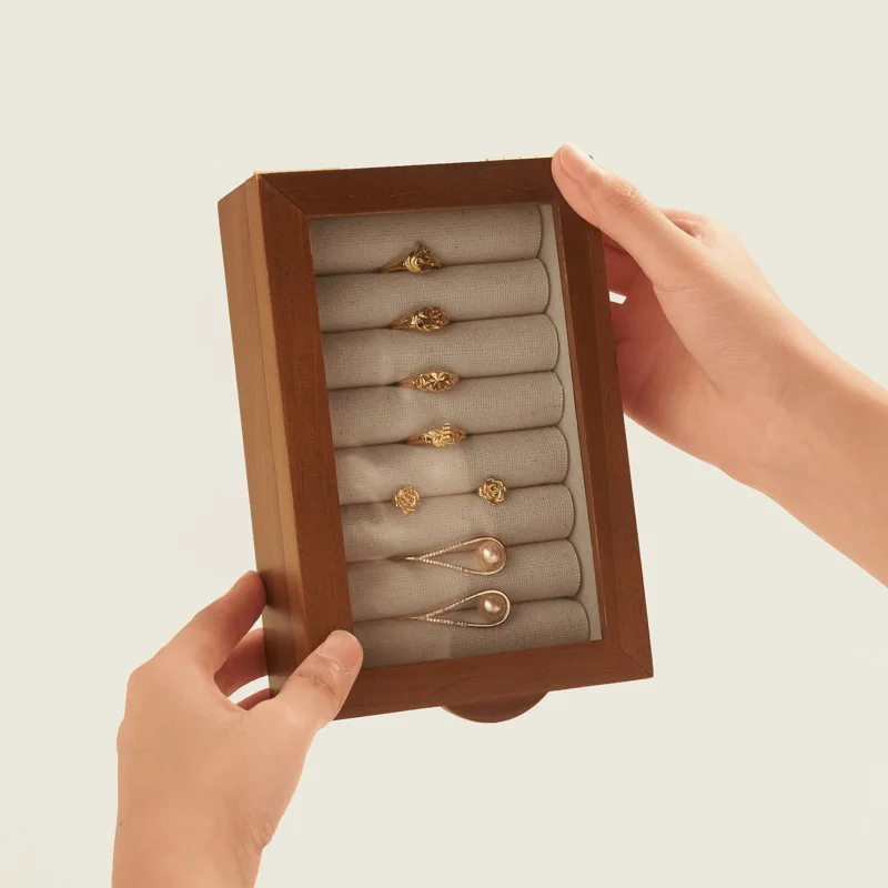 Wholesale Pure Natural Wood Jewelry Box with Glasses Simple Design Pine Rings Displayer Storage High End Rings Box Wedding Gift