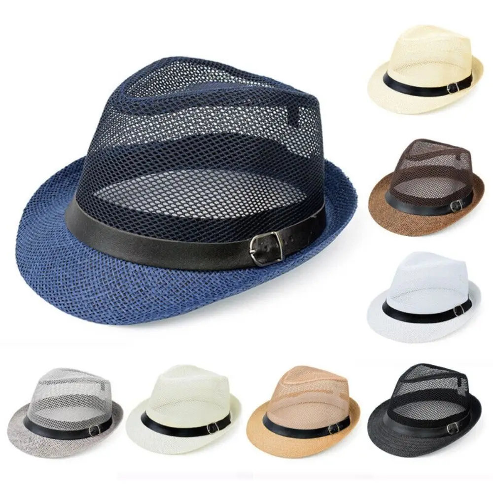 New Mesh Men Straw Panama Hat Brethable Sunscreen Sun Cap Wide Brim Lightweight Summer Beach Cap