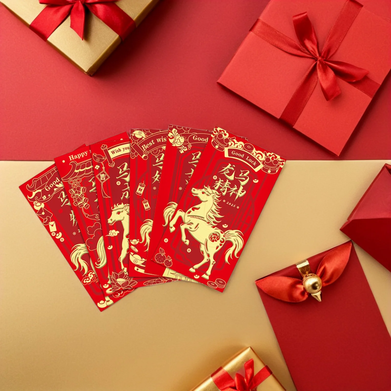 

48 шт., красные конверты с годом лошади, китайский Новый год, счастливые денежные пакеты, 2026, лунный весенний фестиваль, празднование, красные пакеты удачи