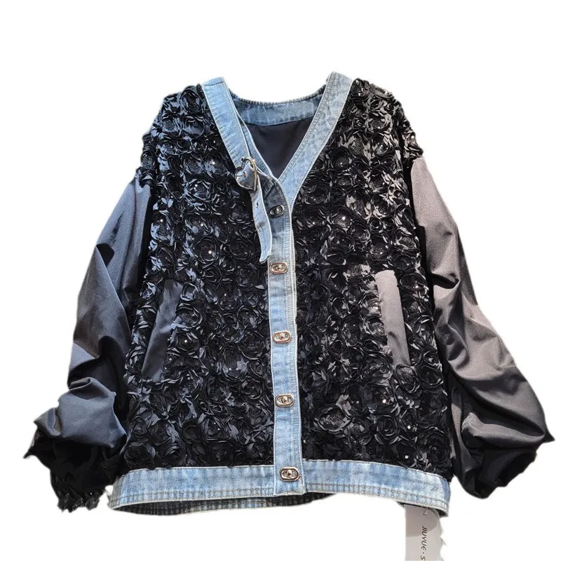 

Y2k Jackets Women Denim Coat Patchwork 2025 Autumn Outerwear V Neck Single Breasted Three Dimensional Flower Streetwear Overcoat