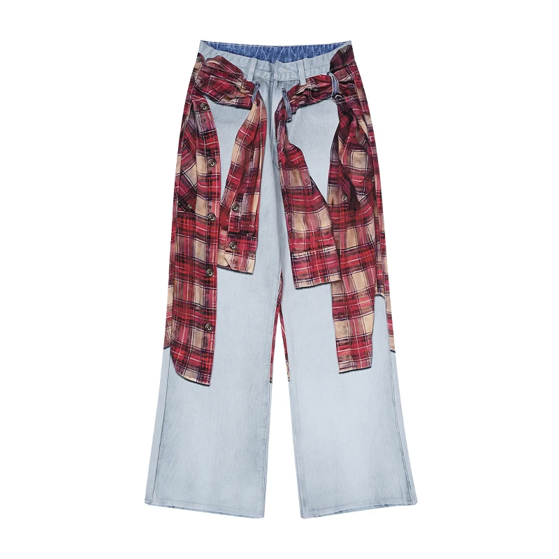 American Style Red Paid Print Fake Two Pieces Men's Jeans Loose Washed Light Blue Denim Long Pants Casual Trousers