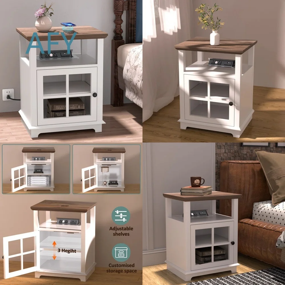 Modern Light Luxury Cross Glass Cabinet Door Bedside Table Semi-Open Shelf with Built-in Socket for Bedroom Living Room Home