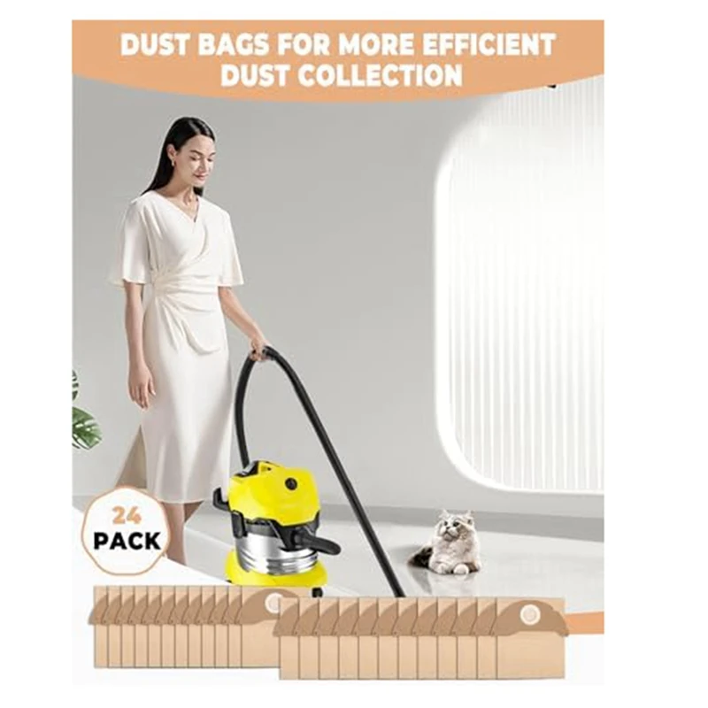 24PCS Paper Bags Bin Bags Vacuum Cleaner 6.904-322.0 Paper Filter Bags For Karcher WD2