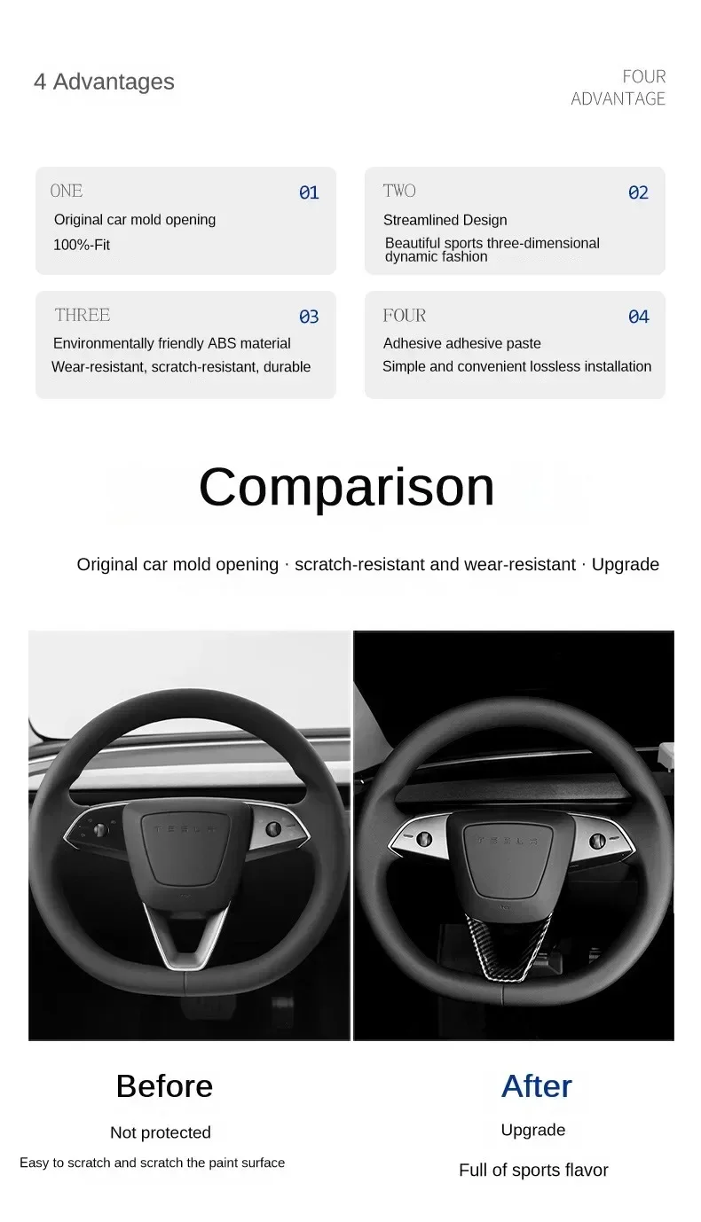 Lenkrad-Patch für Tesla New Model Y Juniper 2025 YL 2026, Modell 3, Highland U-förmige Schutzhülle, Zieraufkleber, ABS-Kohlefaser – Detail 2