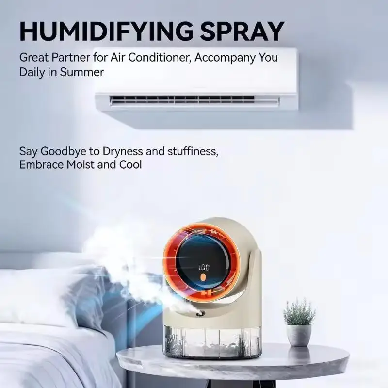 Portable desktop humidifying electric fan with single hole spray, available in two colors, suitable for office and classroom