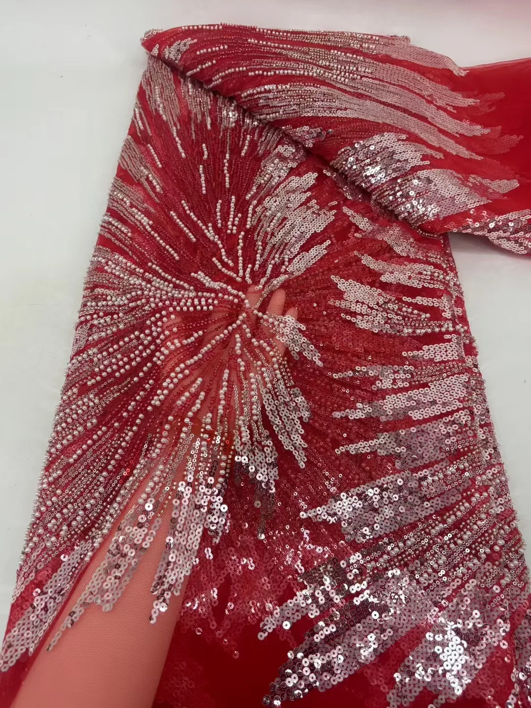 Tissu africain de luxe en dentelle à paillettes pour marié, broderie de perles de haute qualité, Tulle français en dentelle rouge pour robes de mariée nigériennes