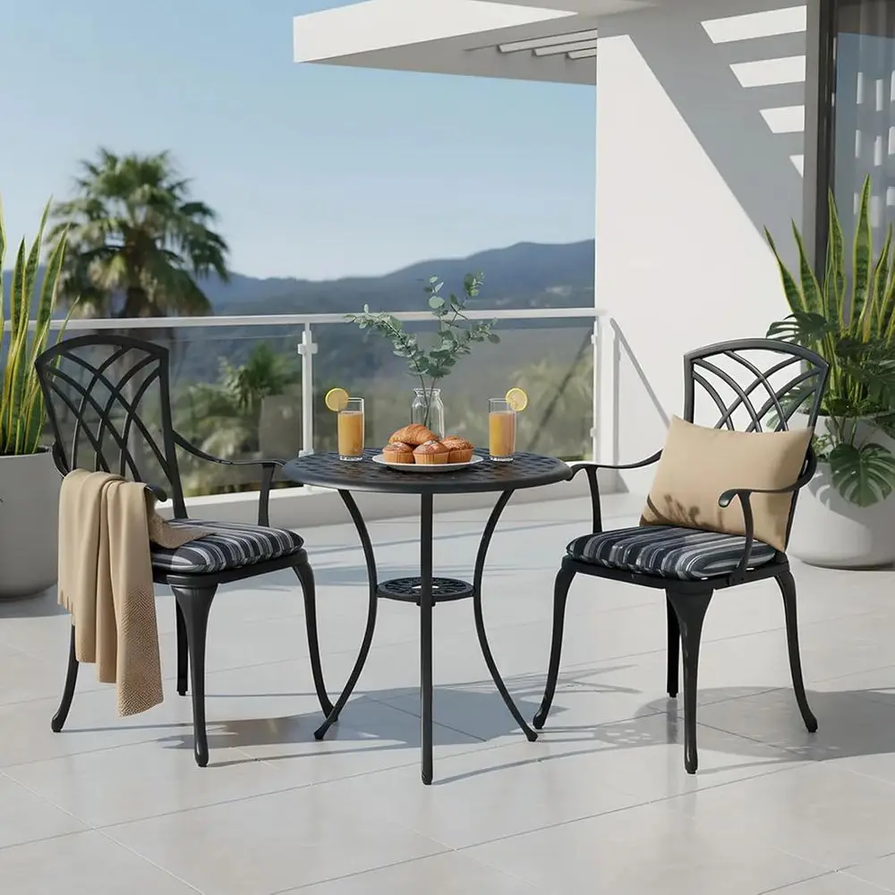 

3-Piece Outdoor Bistro Set with Table, Chairs, Umbrella Hole, and Cushions - Cast Aluminum Patio Furniture for Porch, Backyard,