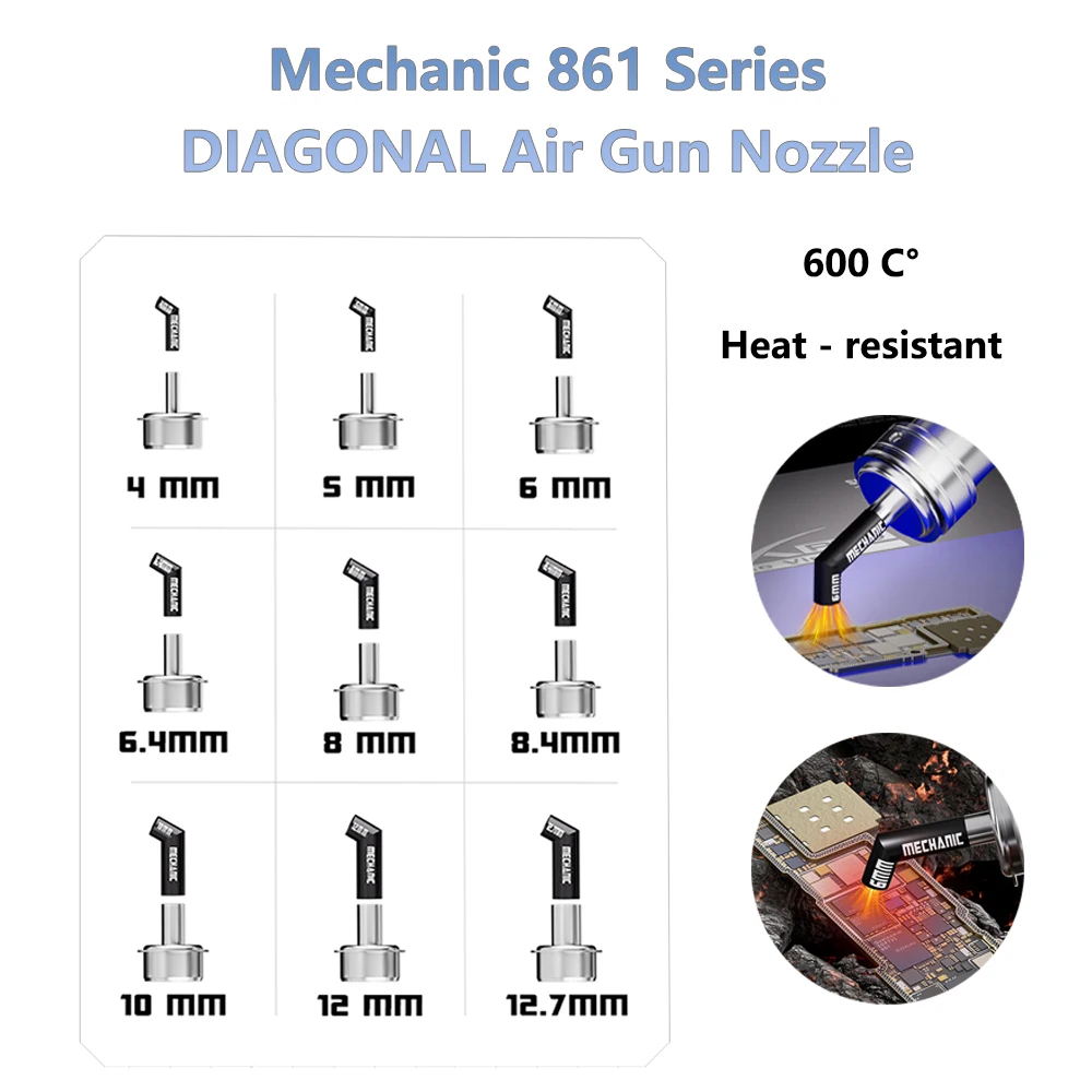 Boquilla de pistola de aire DIAGONAL serie mecánica 861, pistola de calor Compatible 4 5 6 6,4 8 8,4 10 12mm, boquilla de soplado oblicuo, herramientas de calefacción uniforme