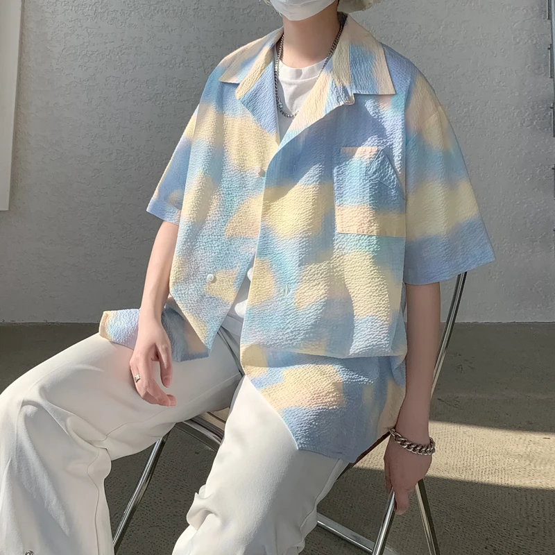 

Футболка с кубинским воротником и эффектом тай-дай, повседневная, унисекс, для пар, летняя, из высококачественного полиэфирного волокна