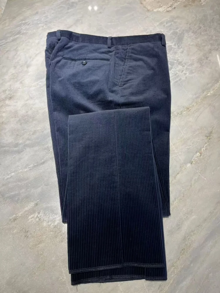 

Dafangchuangshi Men's Casual Pants Wide Stripe Midnight Blue Velvet Fabric Straight Leg Zipper Fly mid High Waist Cotton Blend