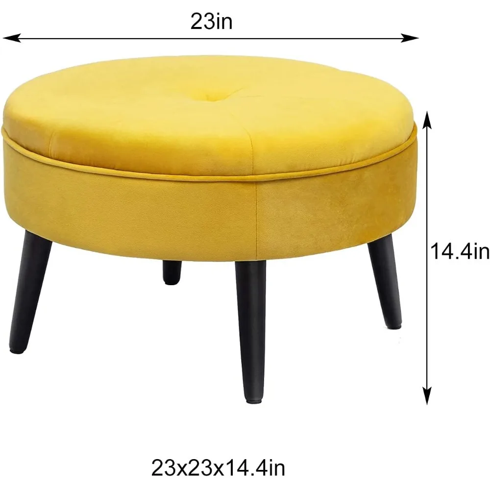 Round Velvet Footrest Stool, Upholstered Ottoman Coffee Table, Button Tufted Padded Foot Stools with Solid Wood Leg