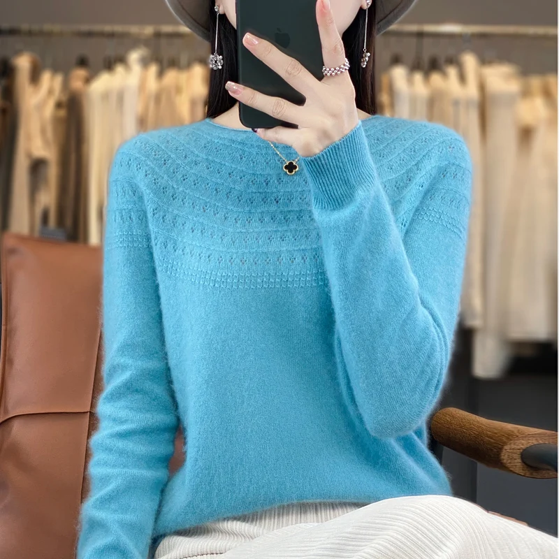 2024 New Women\'s Crewneck Sweater 100% Merino Wool Curling Hollowed-out Long Sleeve Pullover Korean Autumn/Winter Knitwear