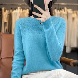 2024 New Women's Crewneck Sweater 100% Merino Wool Curling Hollowed-out Long Sleeve Pullover Korean Autumn/Winter Knitwear